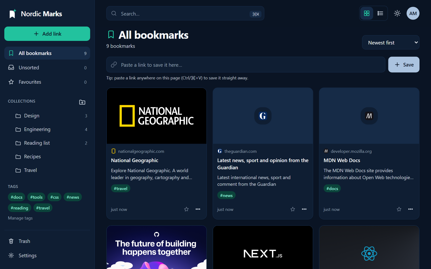 The Nordic Marks library in dark mode.