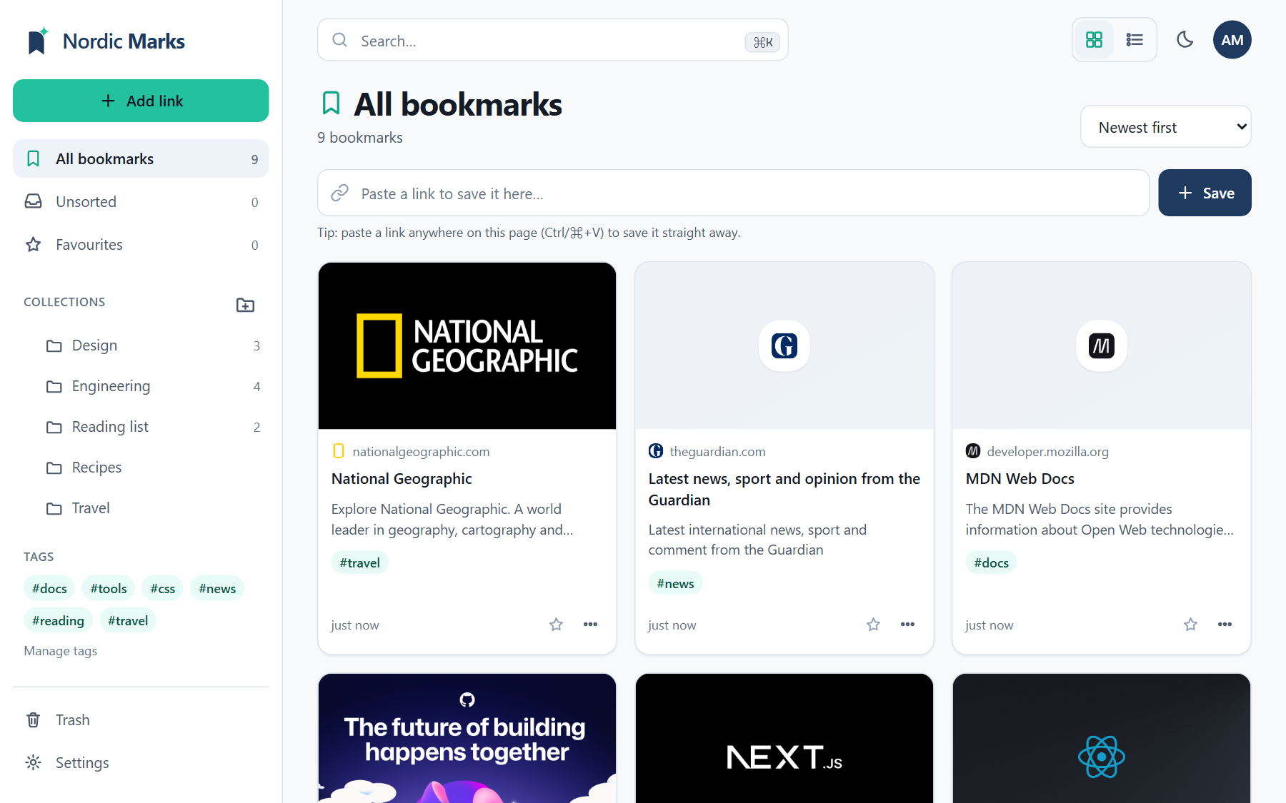 The Nordic Marks library: a sidebar of collections and tags next to a grid of bookmark cards.